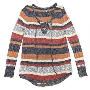 Natural Reflections stripped lace up tie front earth toned rustic sweater NWT L